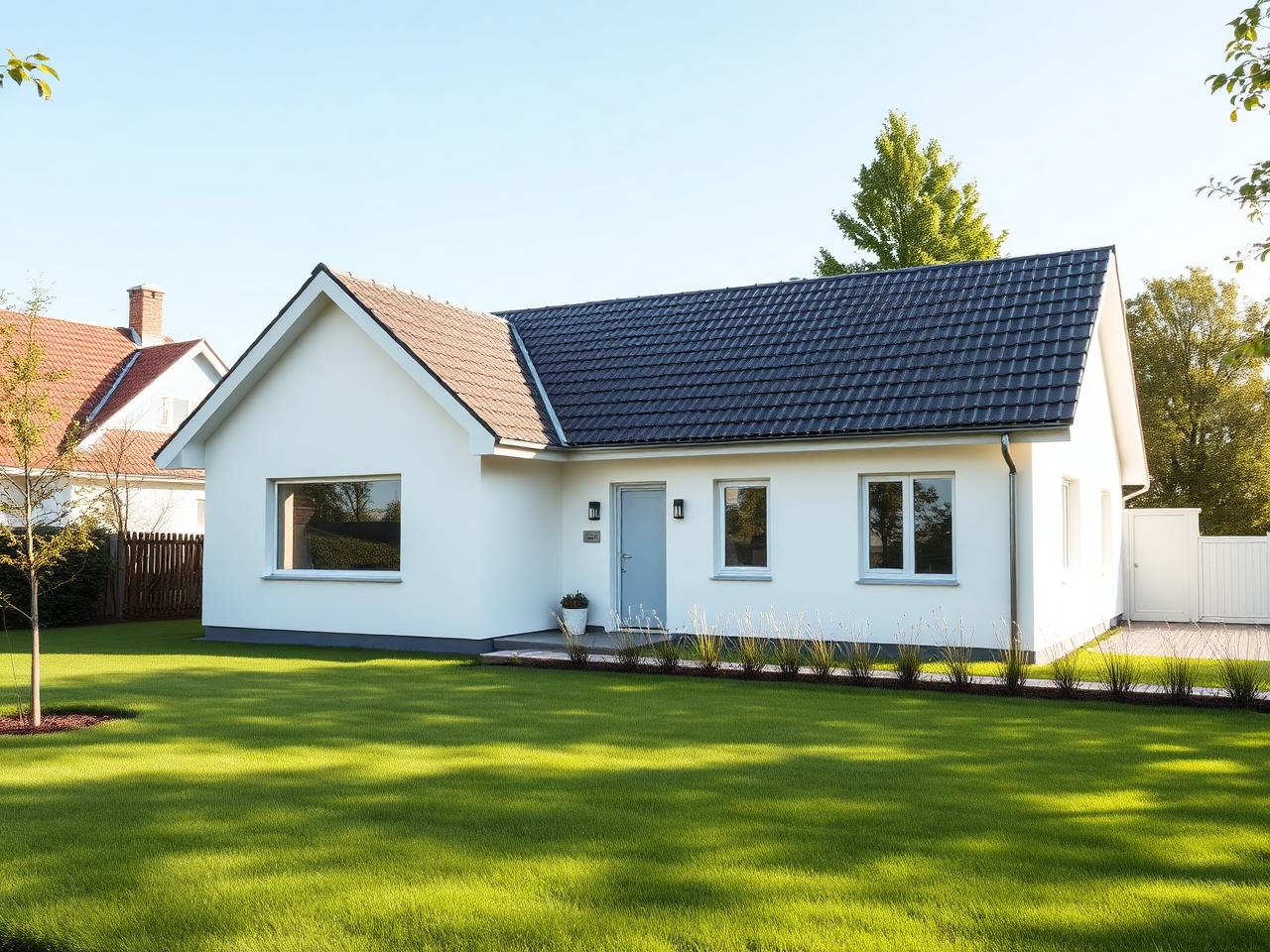 Helles Einfamilienhaus mit gepflegtem Garten bei Tageslicht